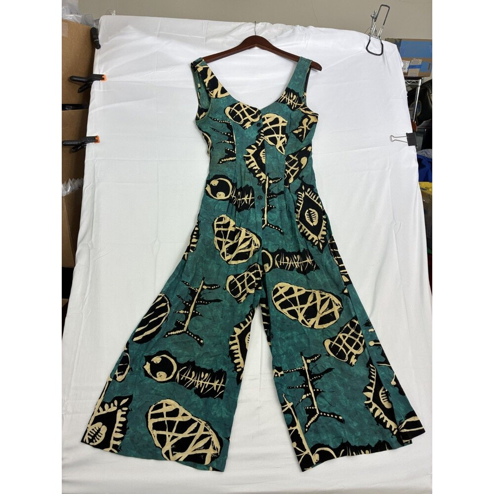 Vintage All That Jazz Jumpsuit Women Teal Black Abstract Print Wide Leg USA - Picture 2 of 9